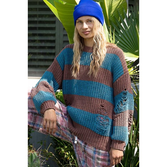 POL Distressed Striped Oversized Chunky Knit Sweater Brown Teal Womens S - Picture 8 of 8